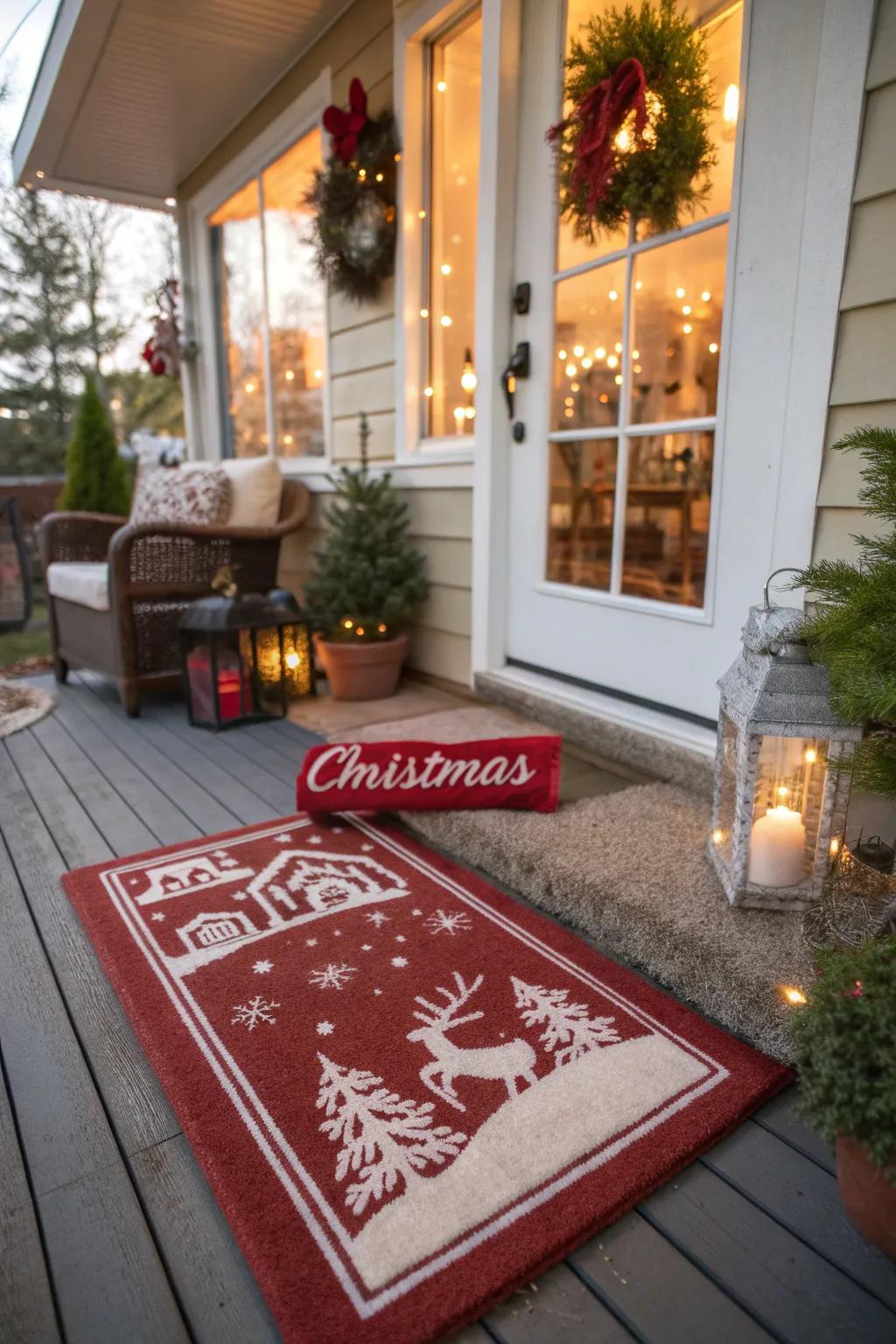 A themed entrance mat welcomes visitors with festive cheer.
