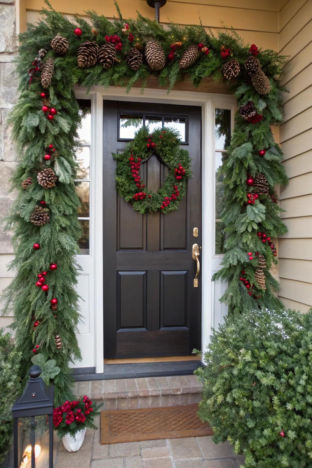 Evergreen greenery creates a lush festive frame for your door.
