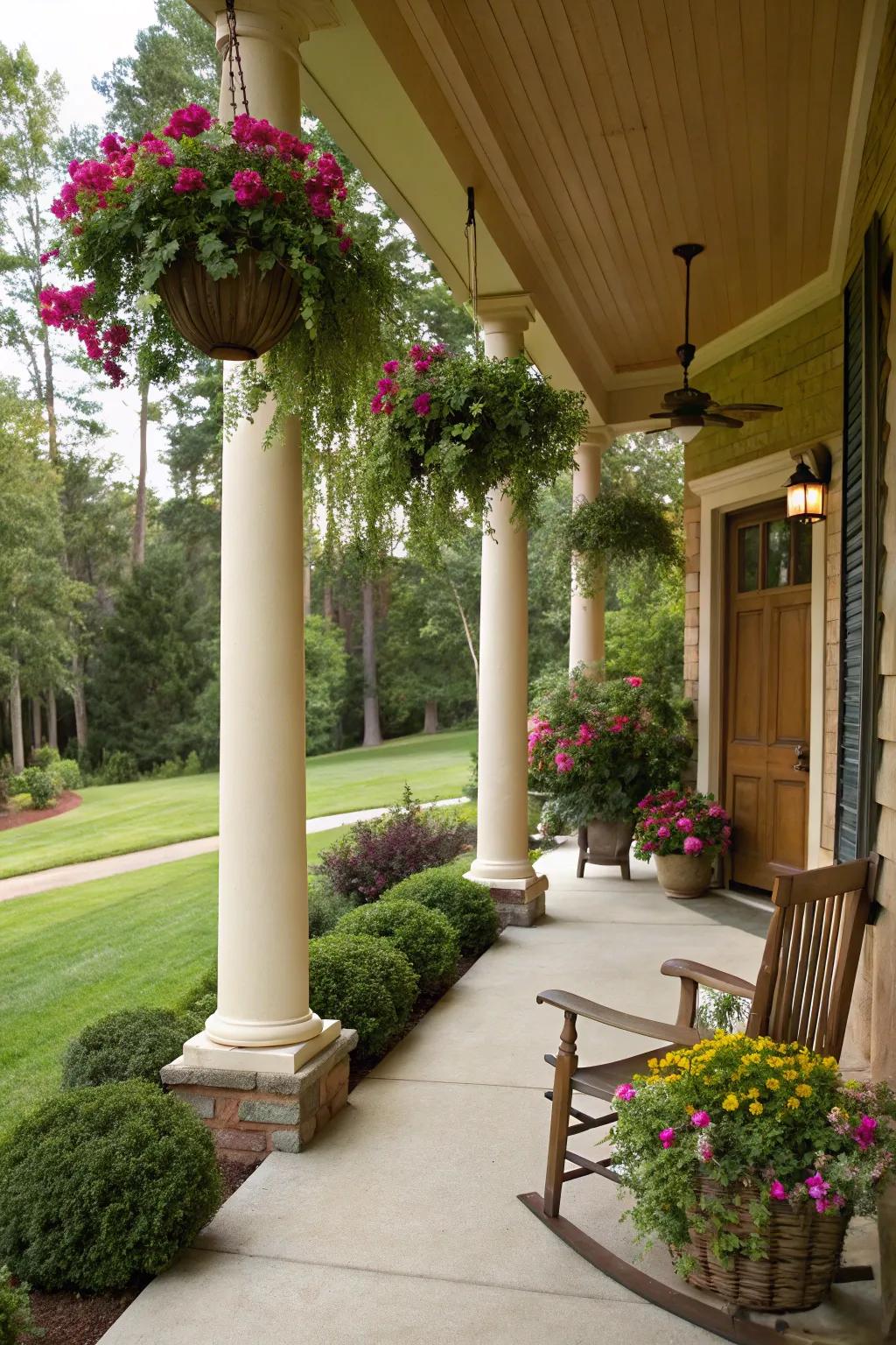 With vibrant greenery, the columns are enhanced on your porch through the use of hanging baskets.