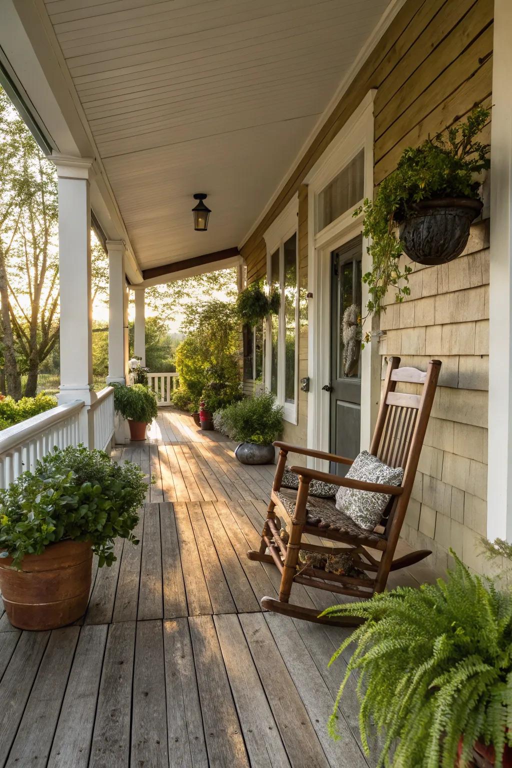 Wooden flooring enriches your porch with a classic and cozy ambiance.