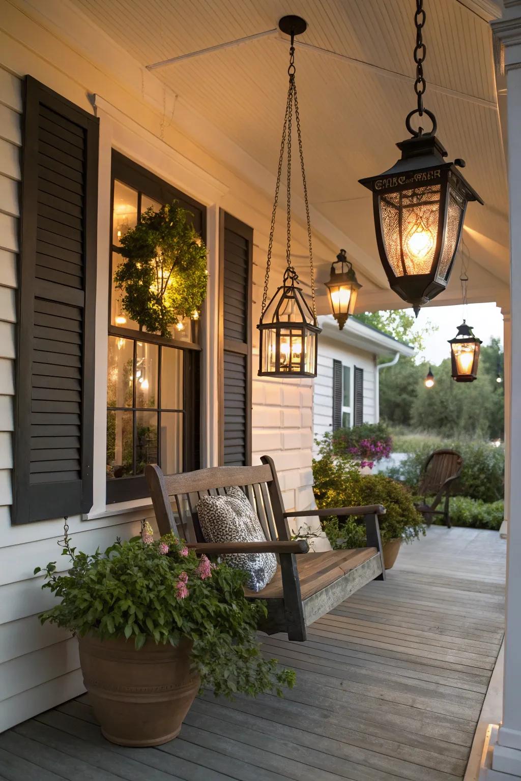 Lantern-style lighting creating a warm glow on a front porch.
