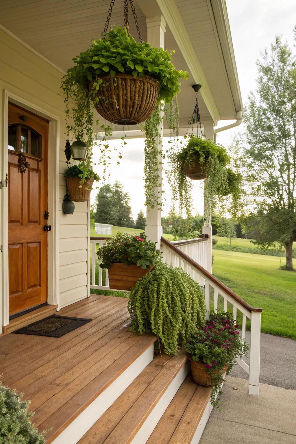 Hanging baskets filled with trailing greenery enhance this front porch.