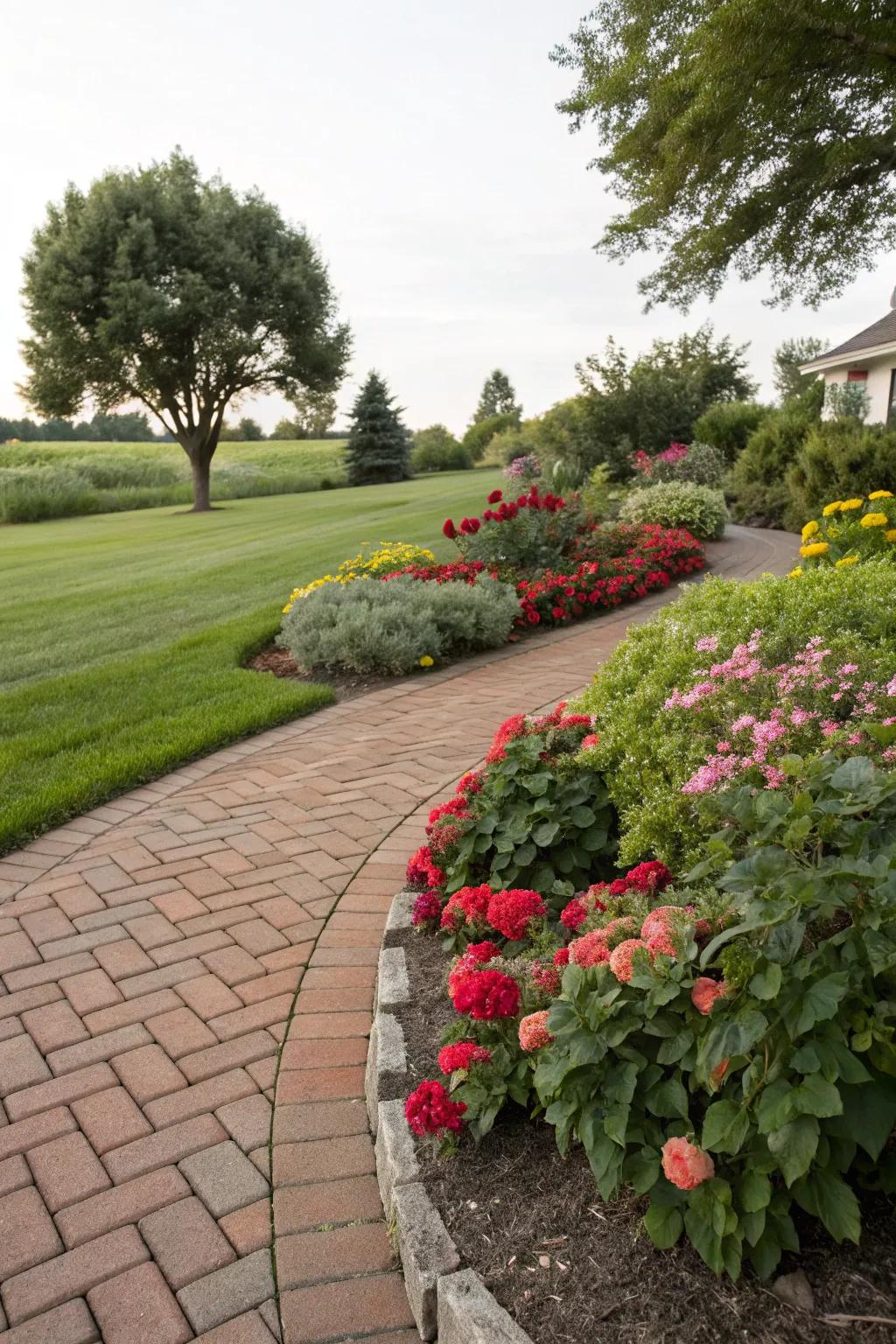 Vibrant plants breathe life into brick paths.