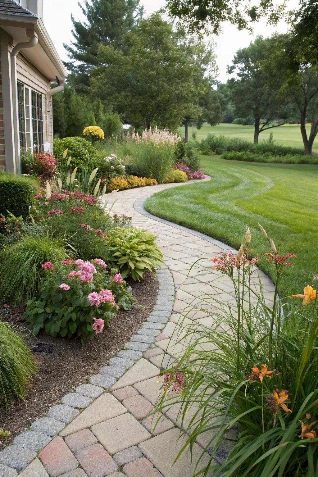 An attractive sweeping walkway leading through a corner garden.