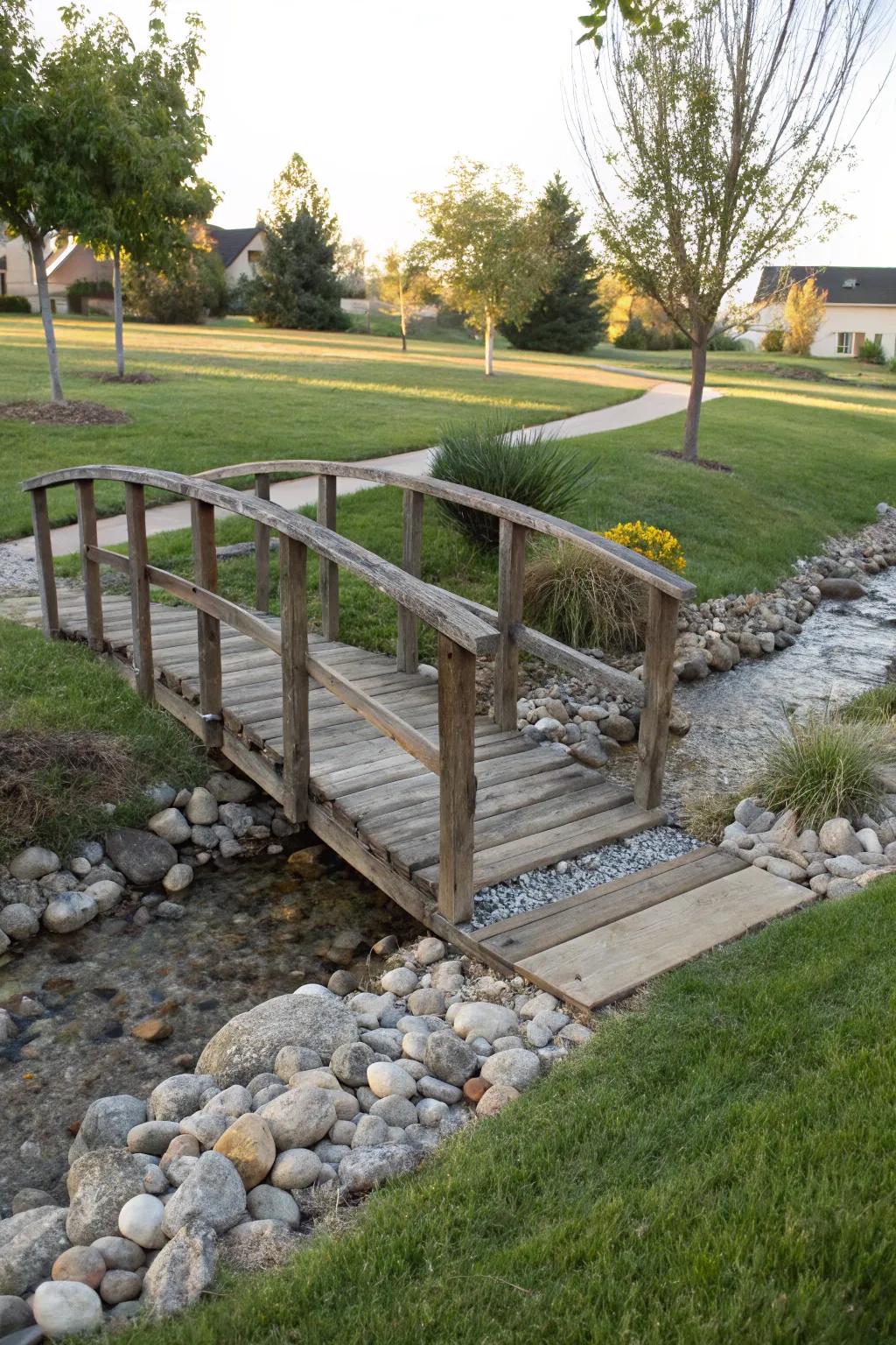 An ornamental span adds allure and utility to your dry streambed.