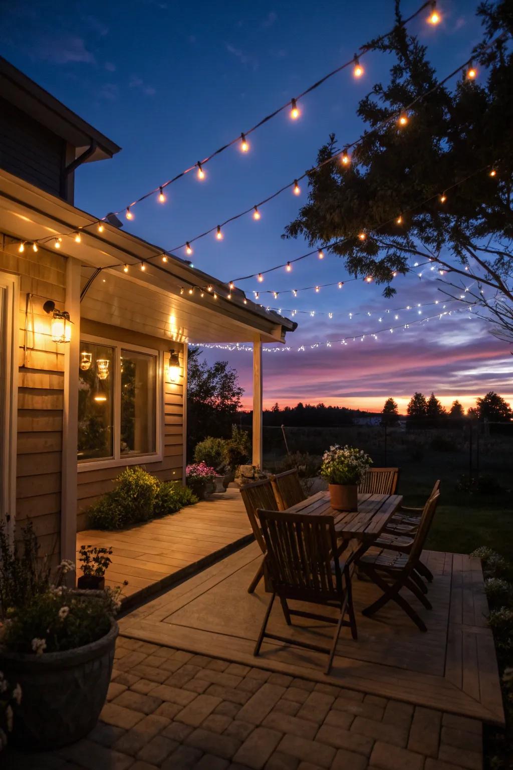 On your patio, create a magical atmosphere with fairy lights.