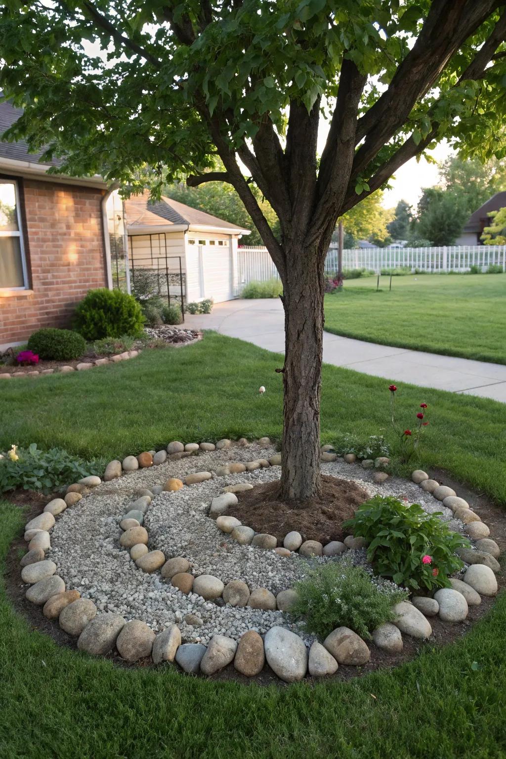 Ornamental rocks add texture and interest near tree roots.