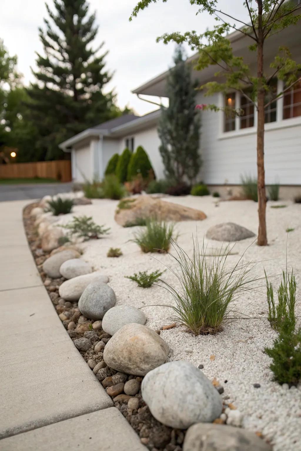 A simple rock garden with sparse plantings, highlighting stones and arrangement.