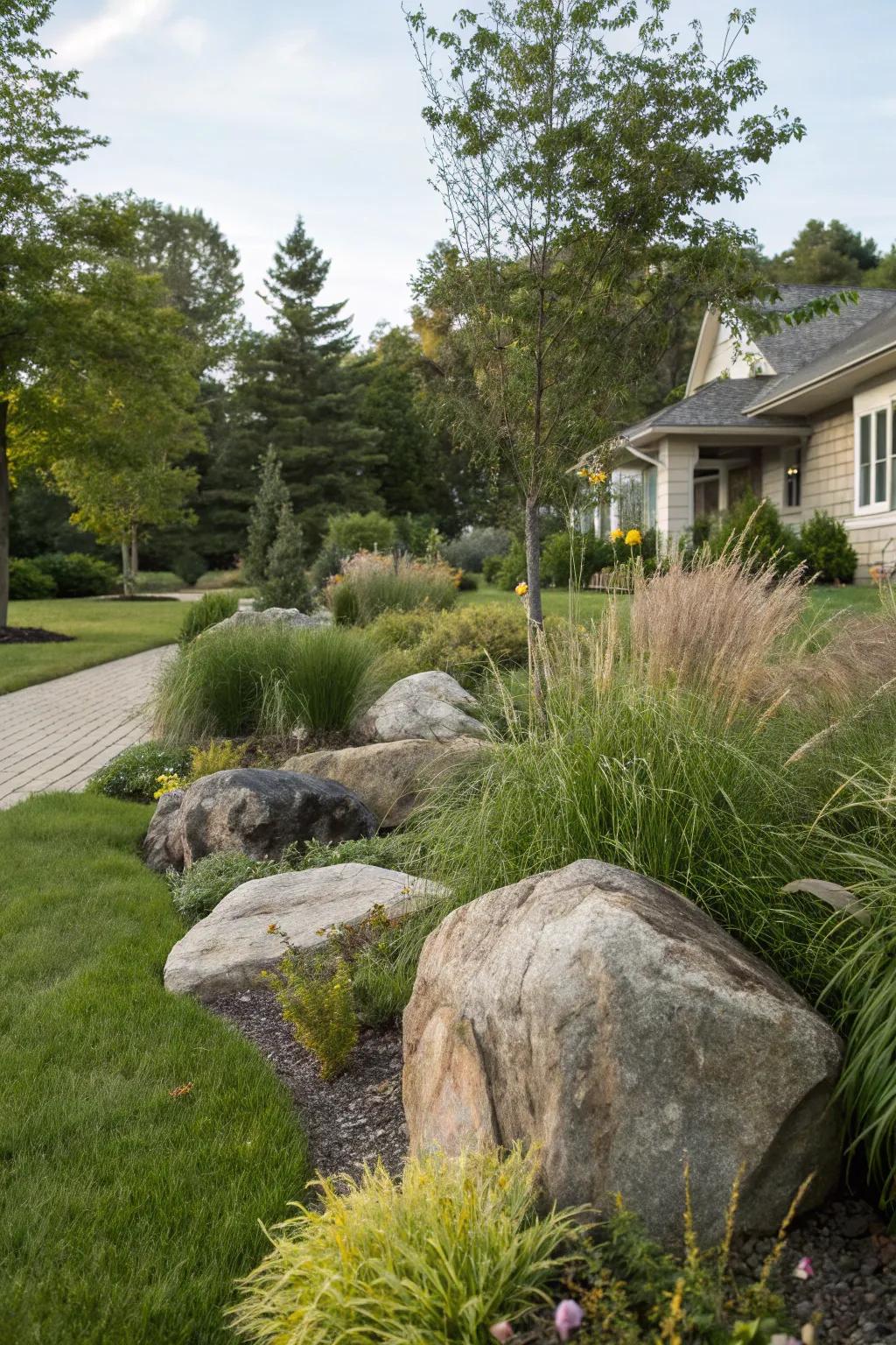 Layer plants with stones to achieve a natural and textured terrain.