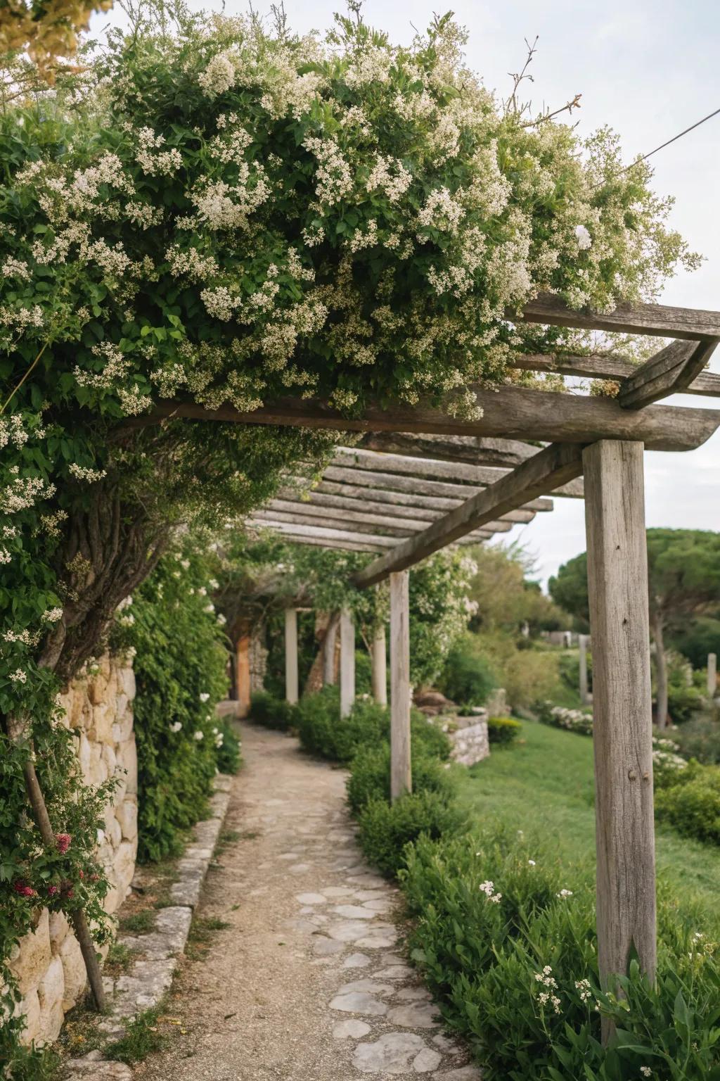 Climbing scented star creates a fragrant, green canopy over this inviting space.