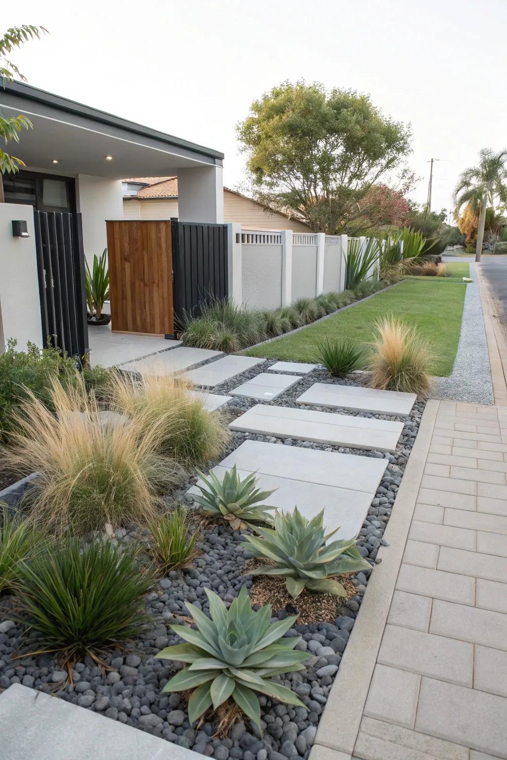 Minimalist planting using succulents and grasses achieves a neat and modern look.