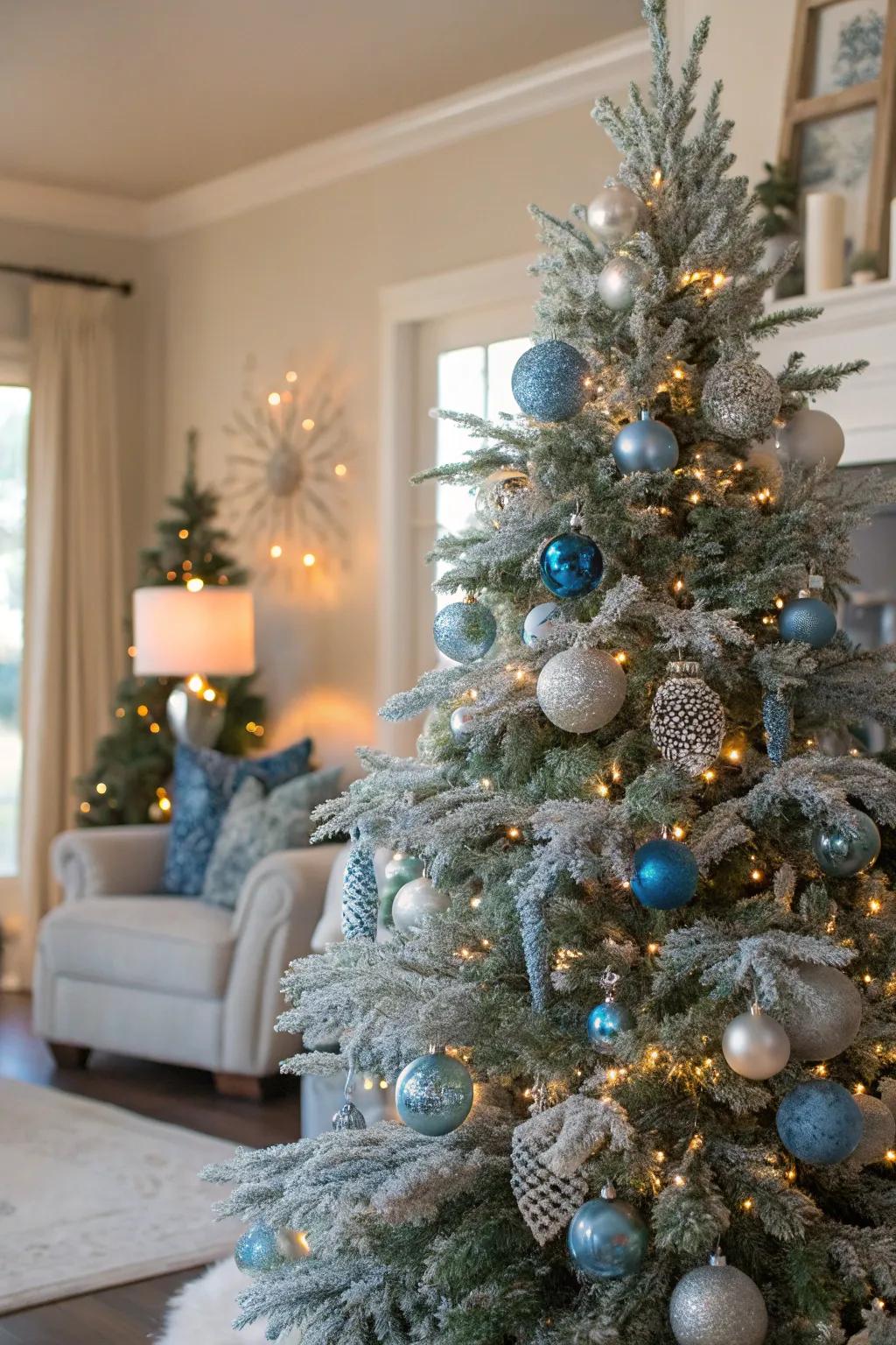 Sky blue and silver embellishments bring an icy touch to this frosted tree.