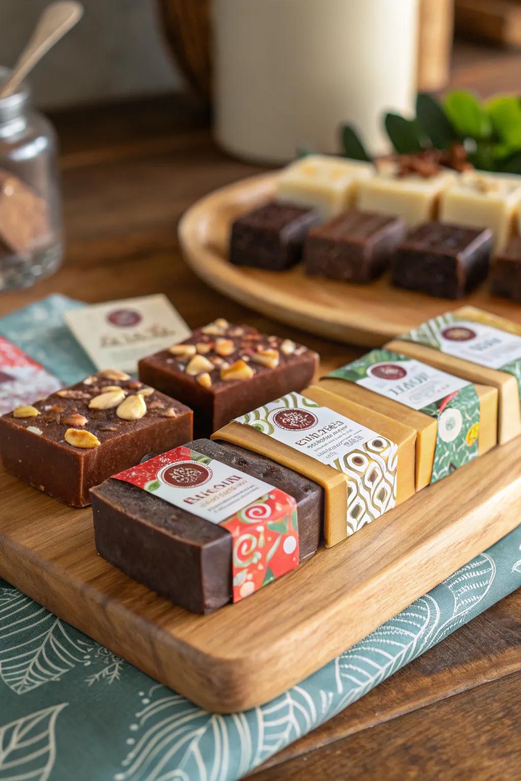 Stylishly labeled sweet squares on display.