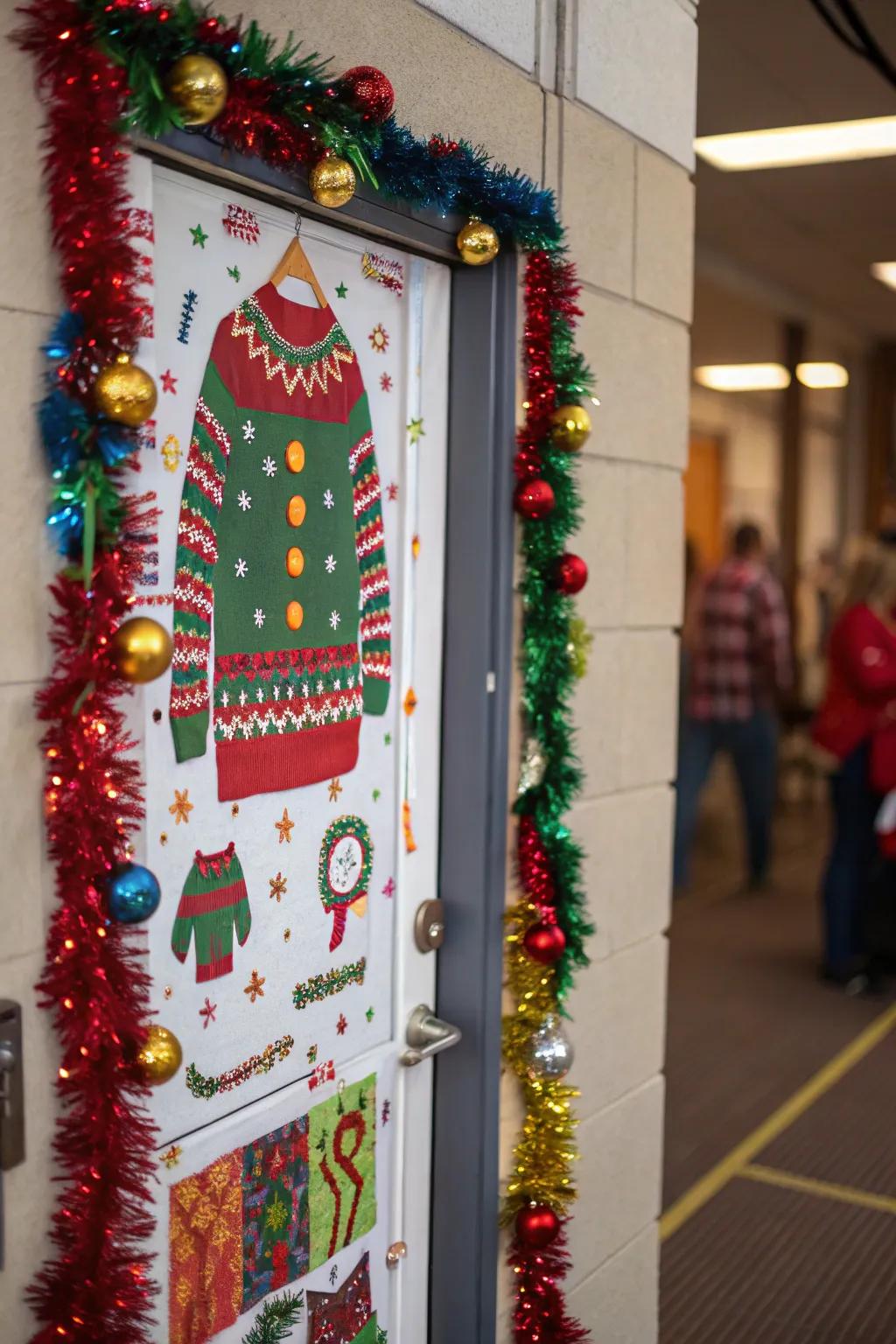 An ugly sweater-themed door brings fun and holiday spirit to your home.