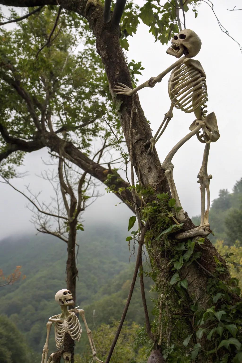 Playful skeletons caught in a tree-climbing adventure.