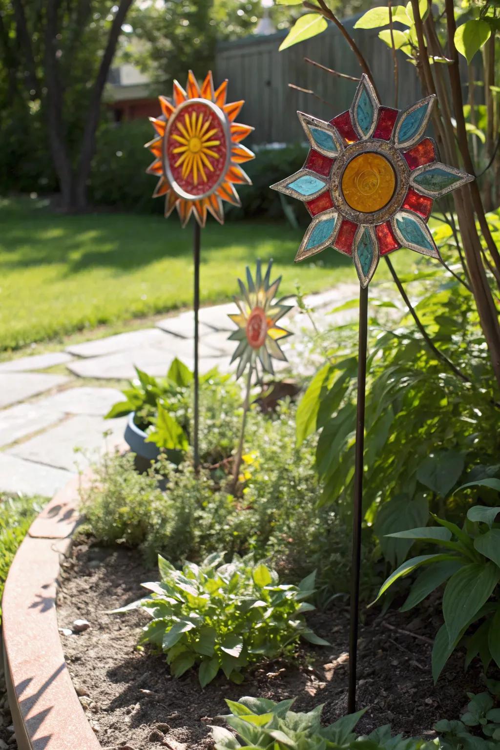 Sunburst designs lighting up a garden nook.