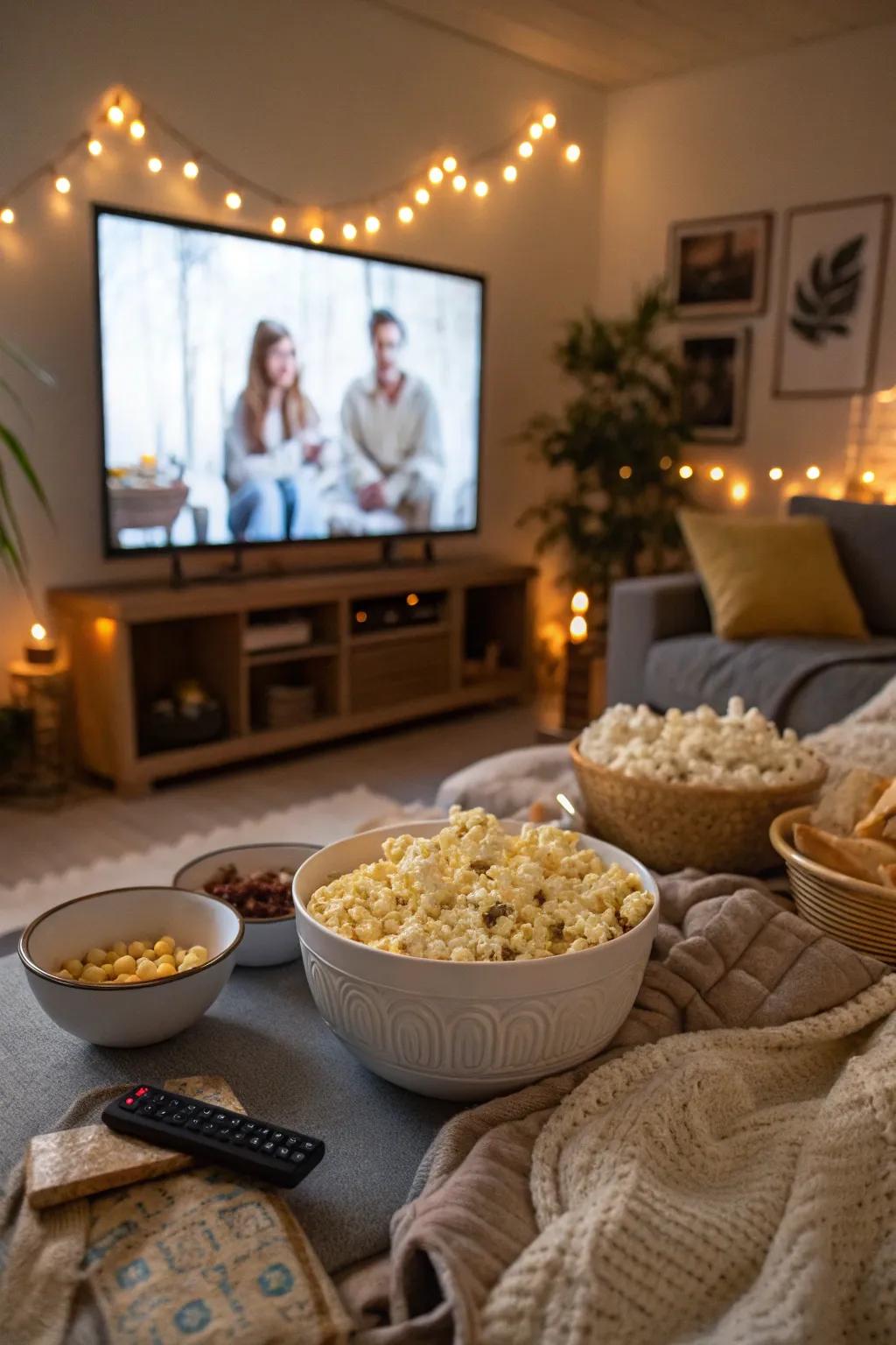 A comfortable setup for a Galentine's Day movie event.