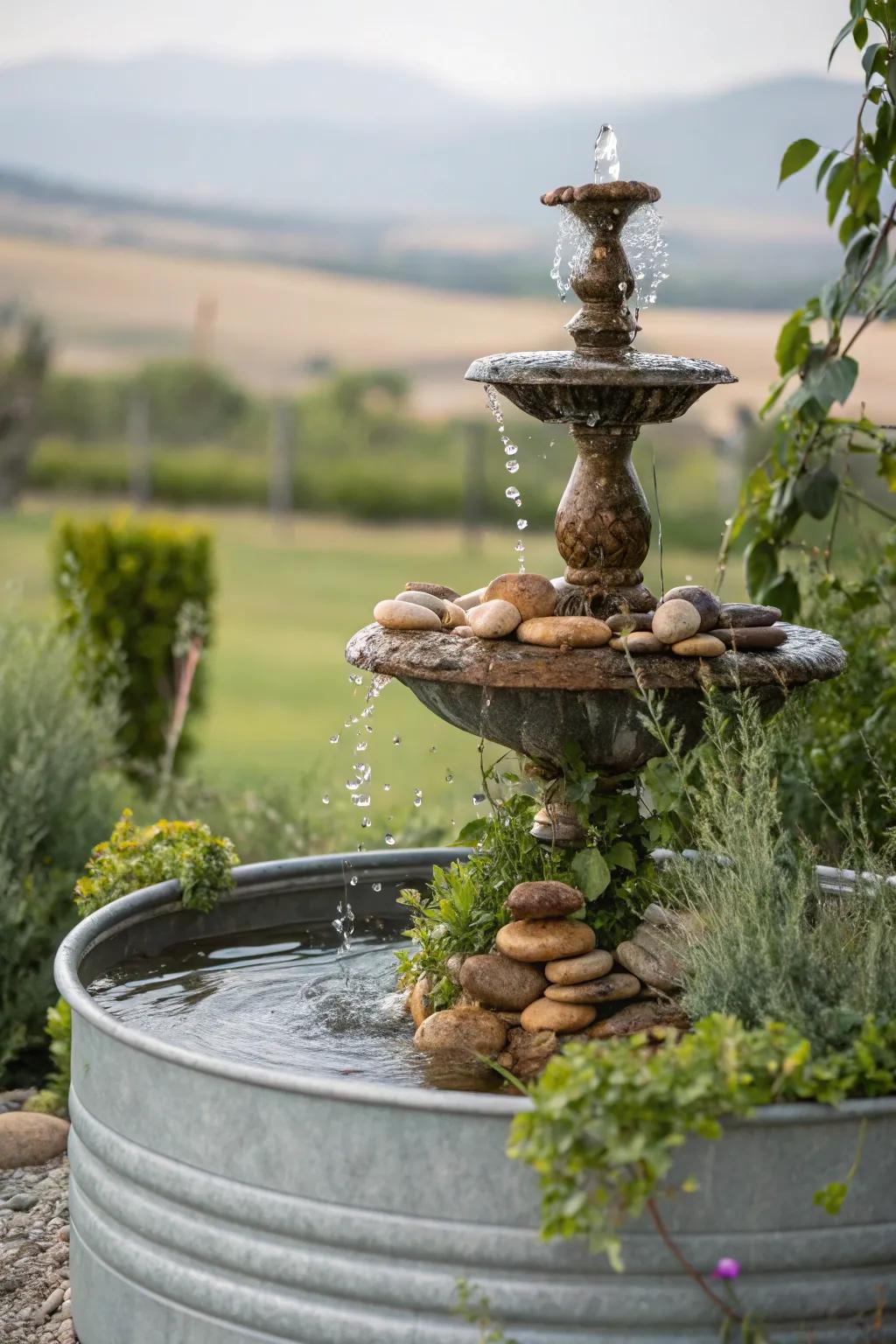 A tiered stone fountain provides a calming element to the garden.