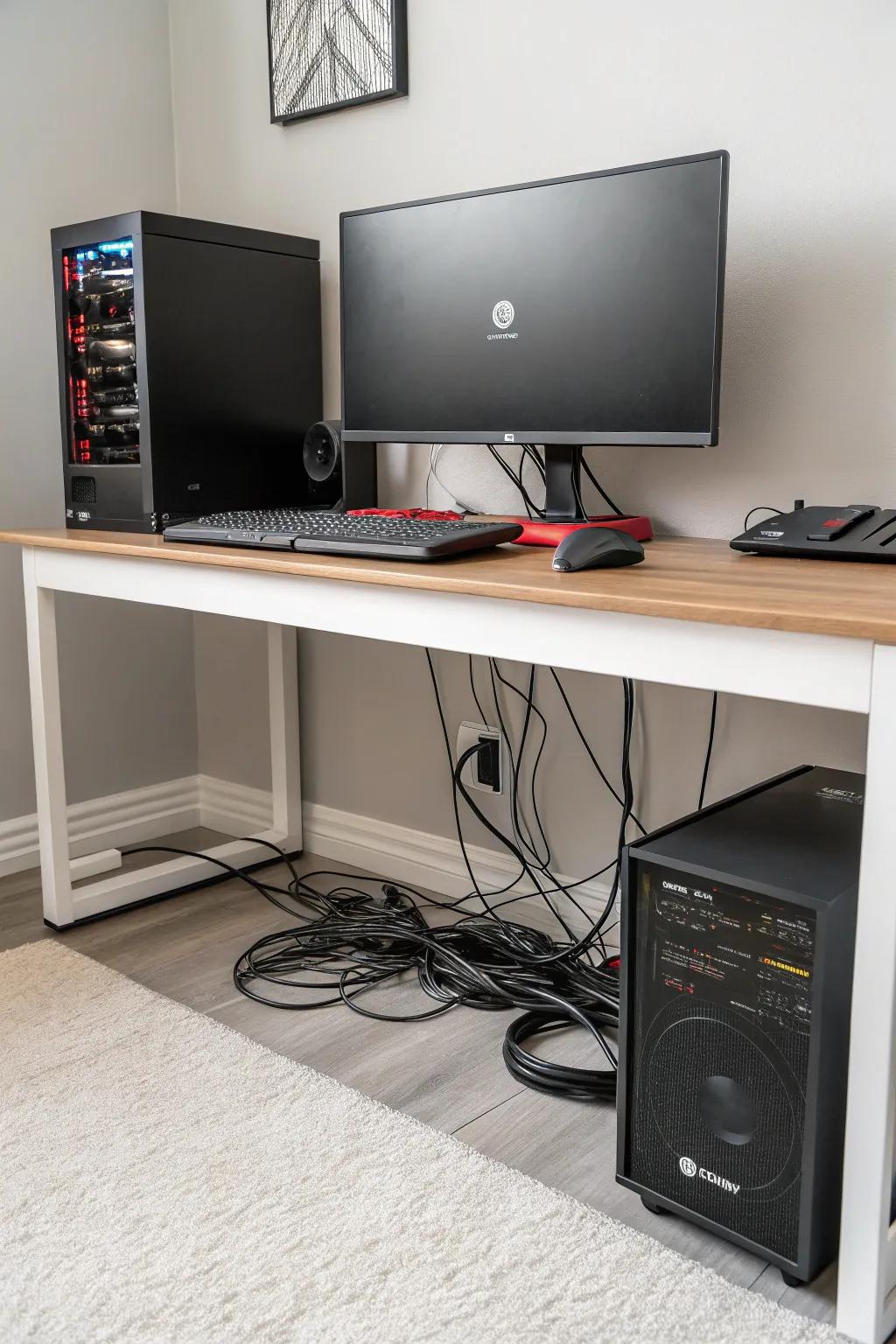 Organized wires lead to a clean gaming area.