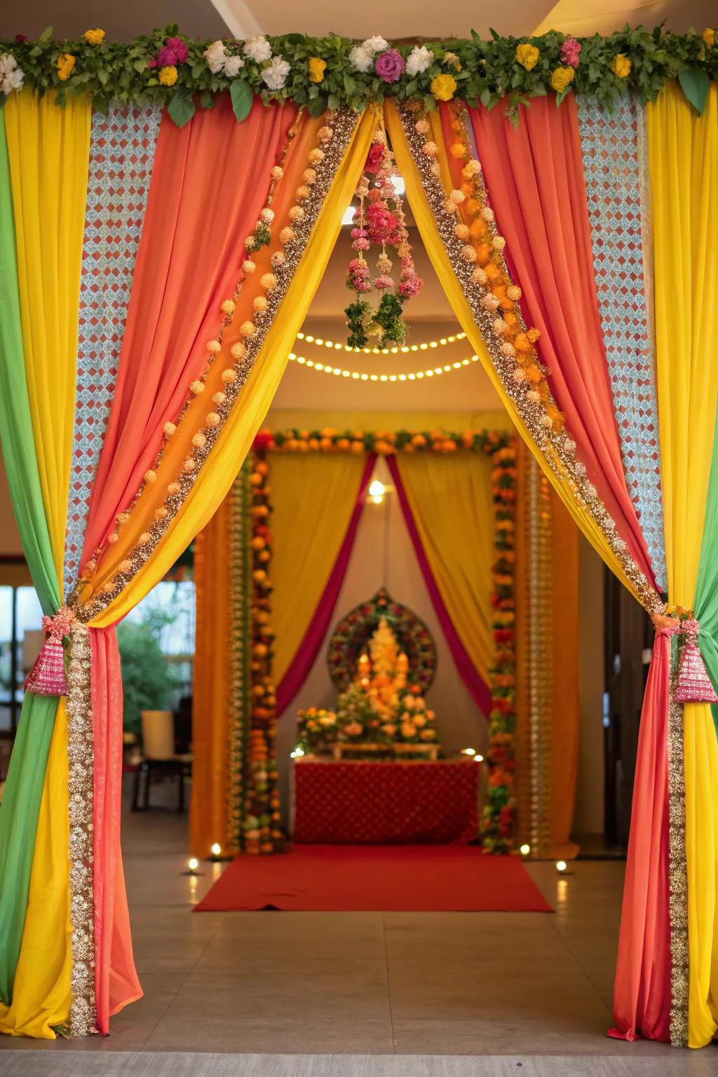 Lush and bright textiles framing a Ganesh Chaturthi altar, creating a festive ambiance.