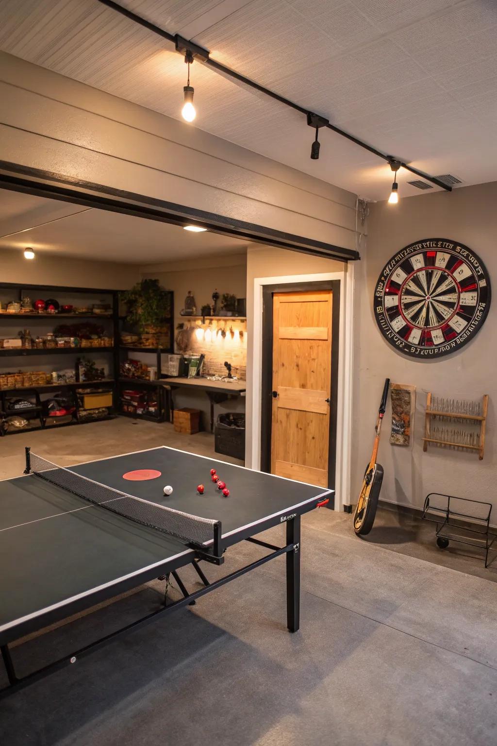 A fun zone in the garage with games and enjoyable activities.