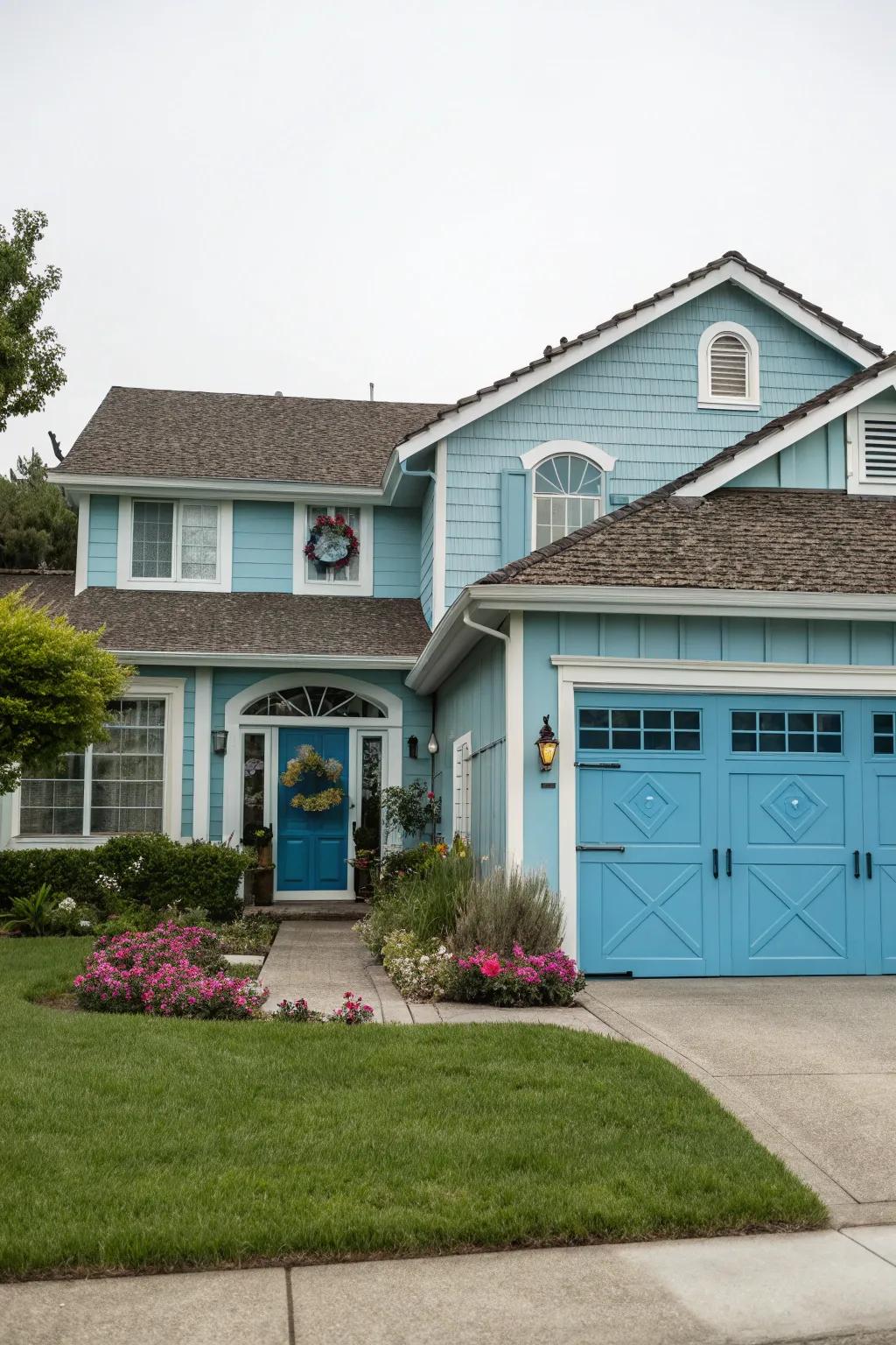 A home featuring coordinating front and garage doors for a cohesive design.