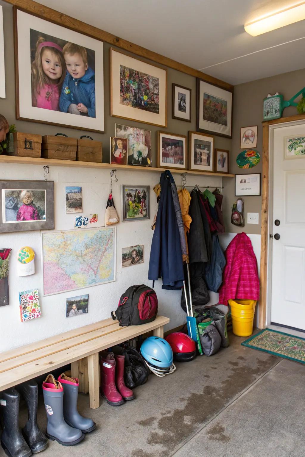Personalize your mudroom with family photos and artwork for a warm atmosphere.