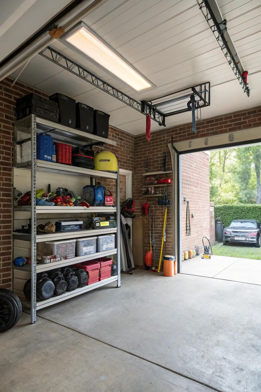 Make use of overhead racks for effective storage options.