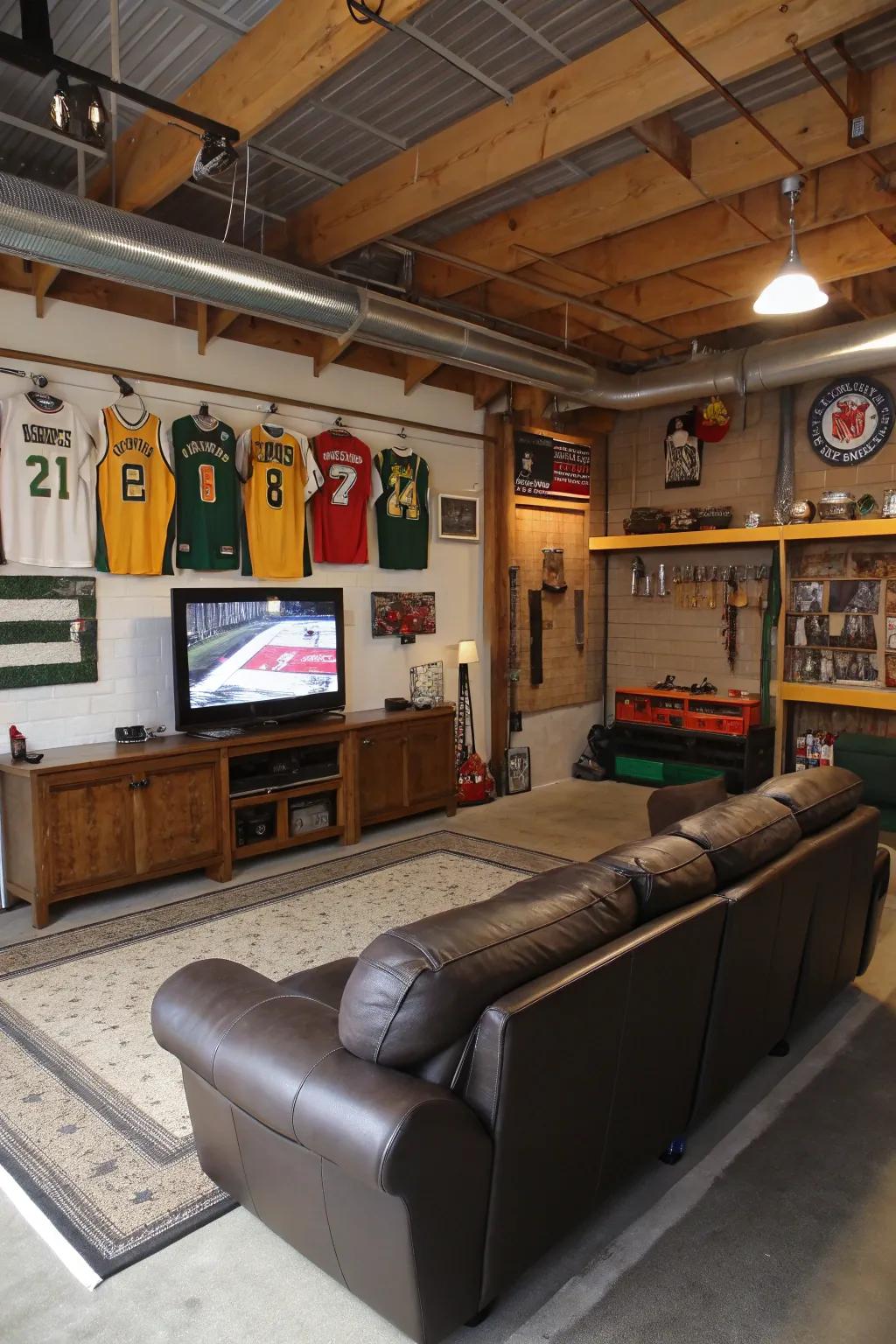 Design the ultimate man cave in your garage with a large TV and themed decor.