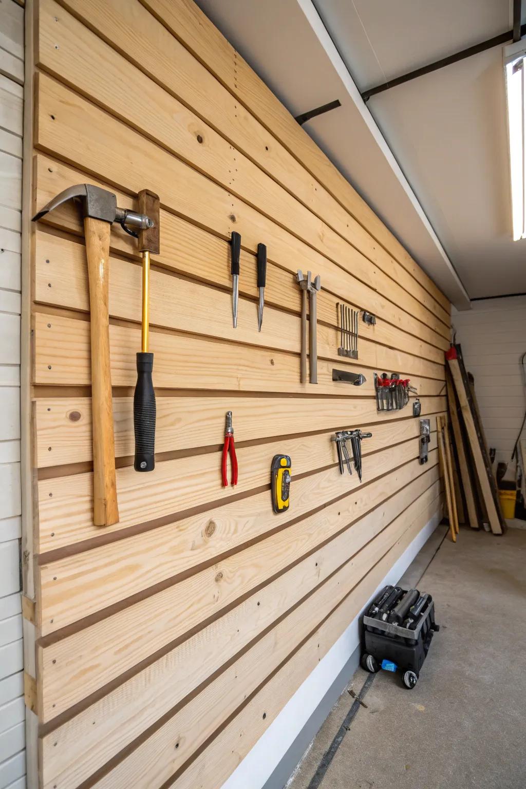 Wood panels bring warmth and texture to garage spaces.
