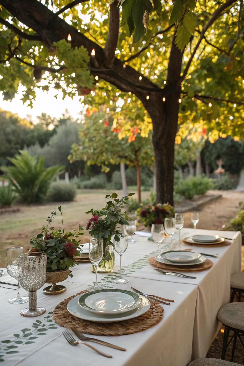 An inviting outdoor dining arrangement under the shade of a tree.