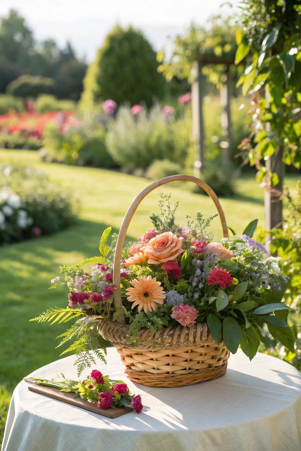 A gift basket embellished with fresh flowers for a natural feel.