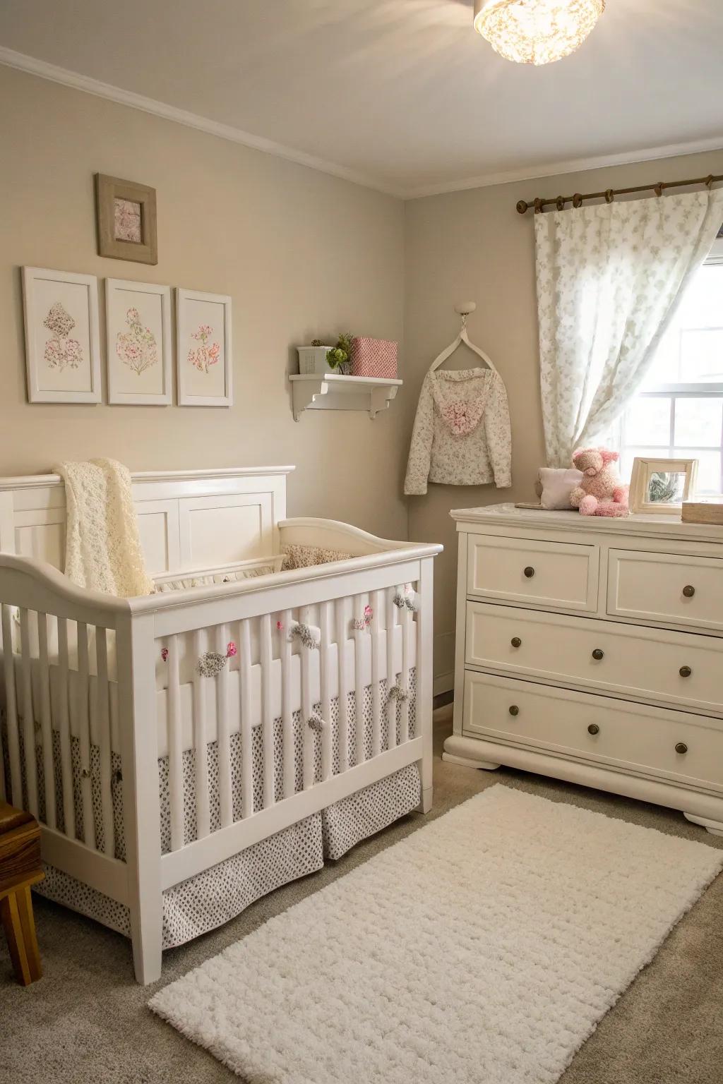 White furniture establishes a clean and timeless aesthetic.