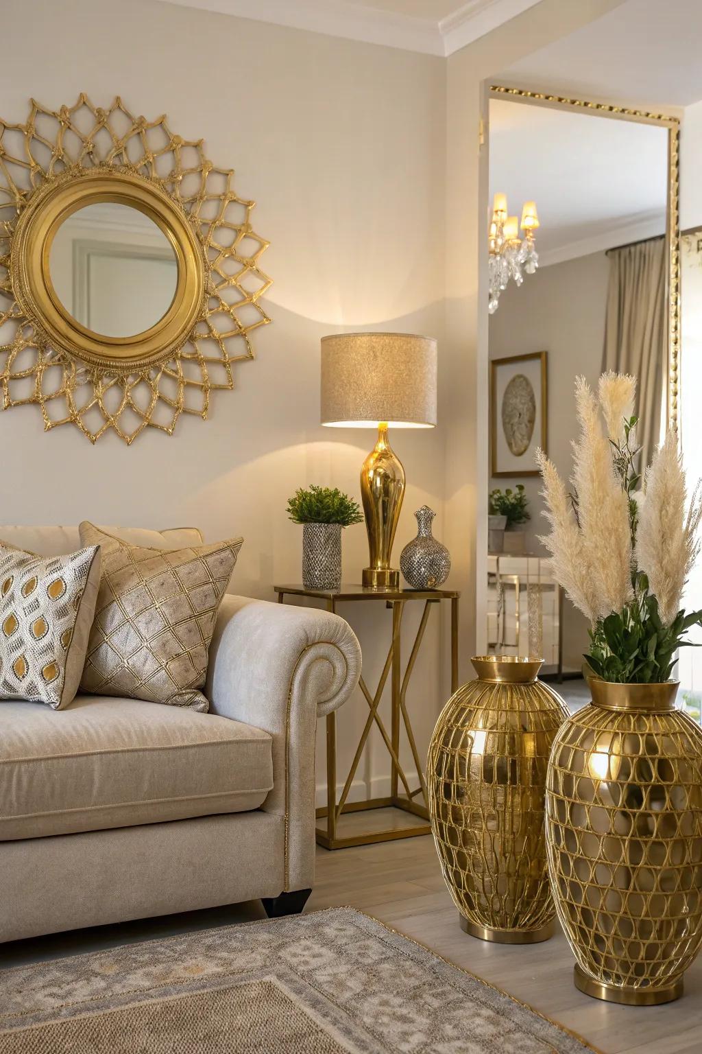 A chic living area elevated with gilded touches for additional glamour.