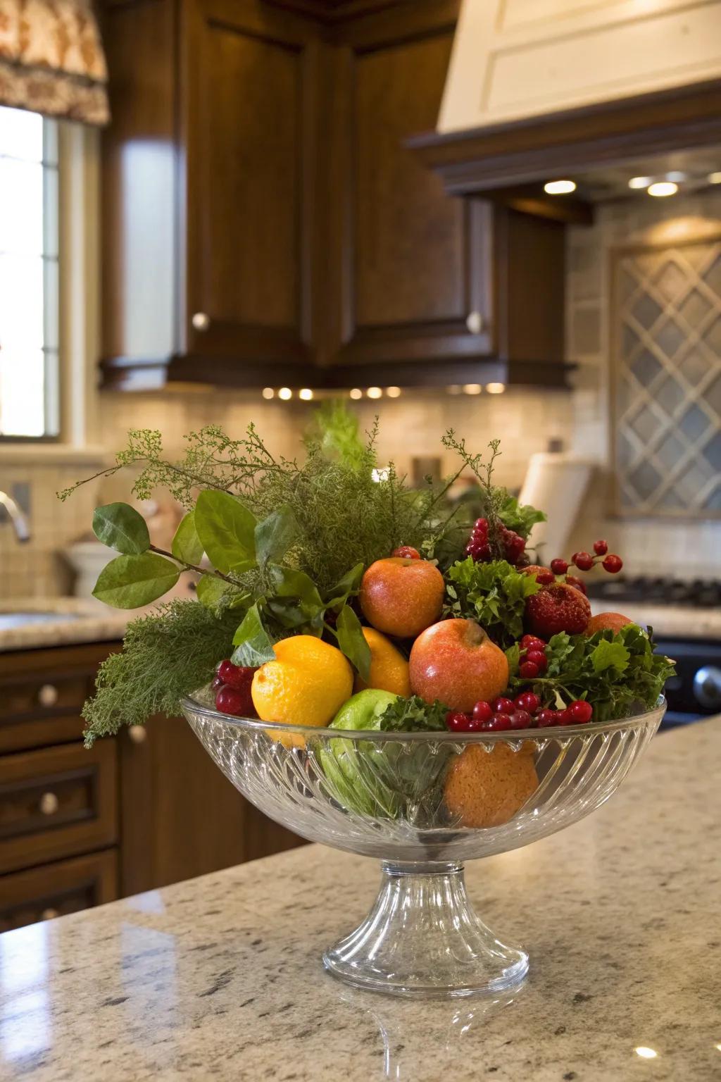 A lively blend of produce and verdant accents inside a glass bowl.