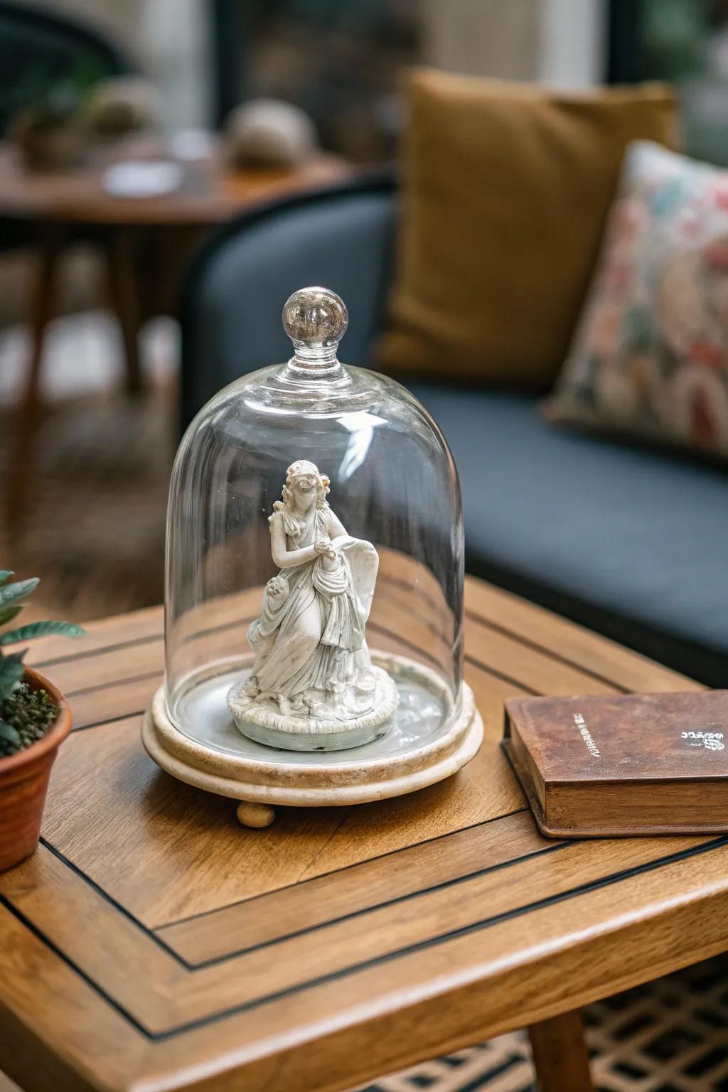 A small statue becomes an eye-catching feature under a glass cloche.