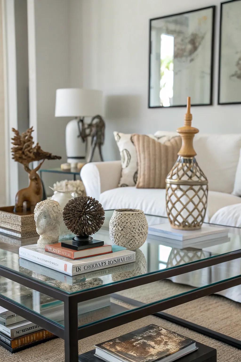 Sculptural decor provides a customized touch to your glass coffee table.