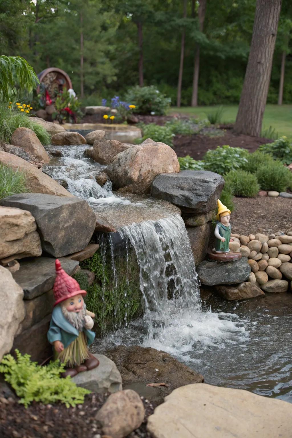 An enchanted waterfall delivers tranquility to any gnome garden.