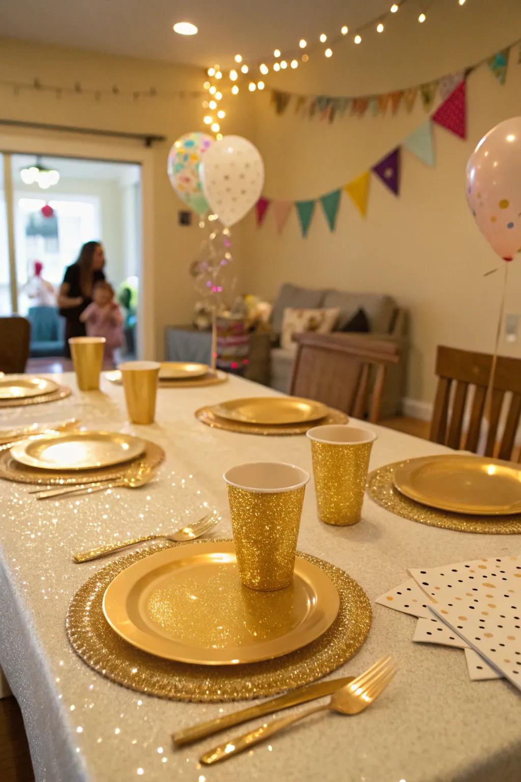 Gleaming gold tableware for a cohesive party theme.