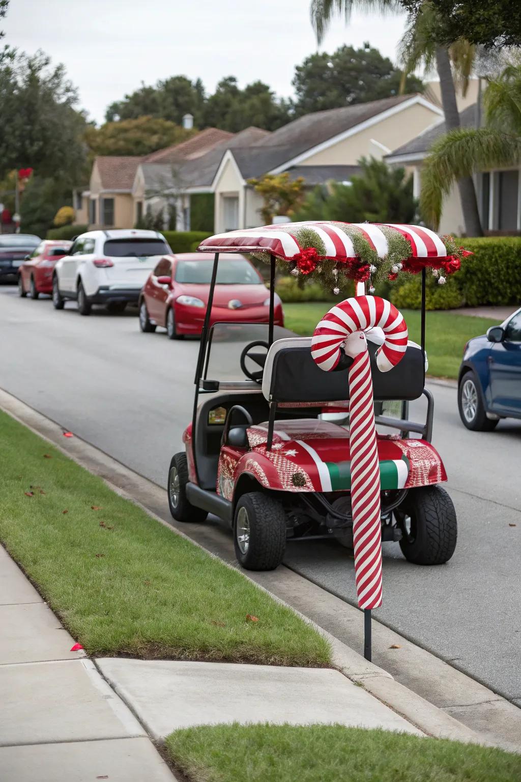 A head-turning golf cart with a delightful candy cane theme.