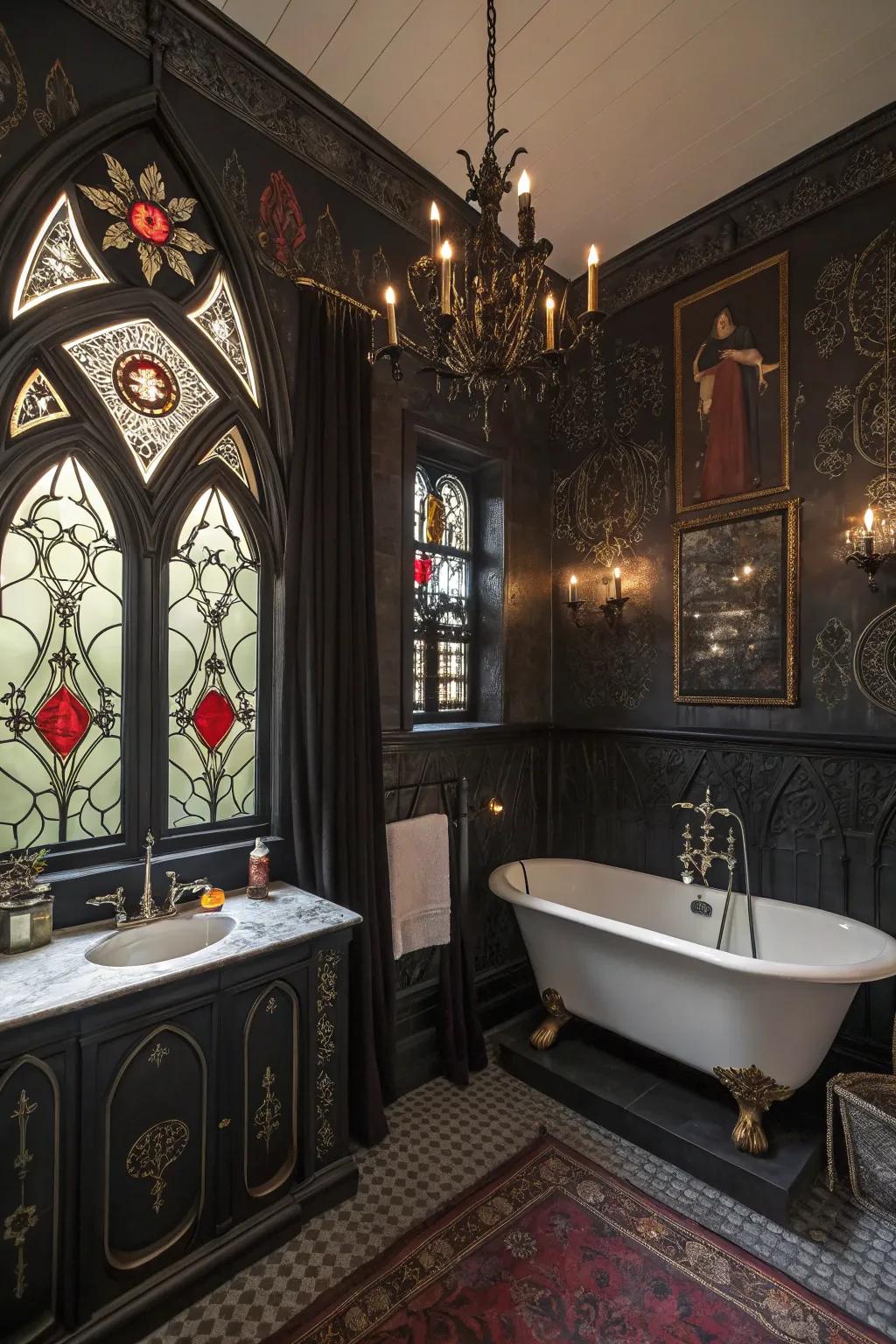 Lavish decor pieces contribute character and depth to the gothic bathroom.