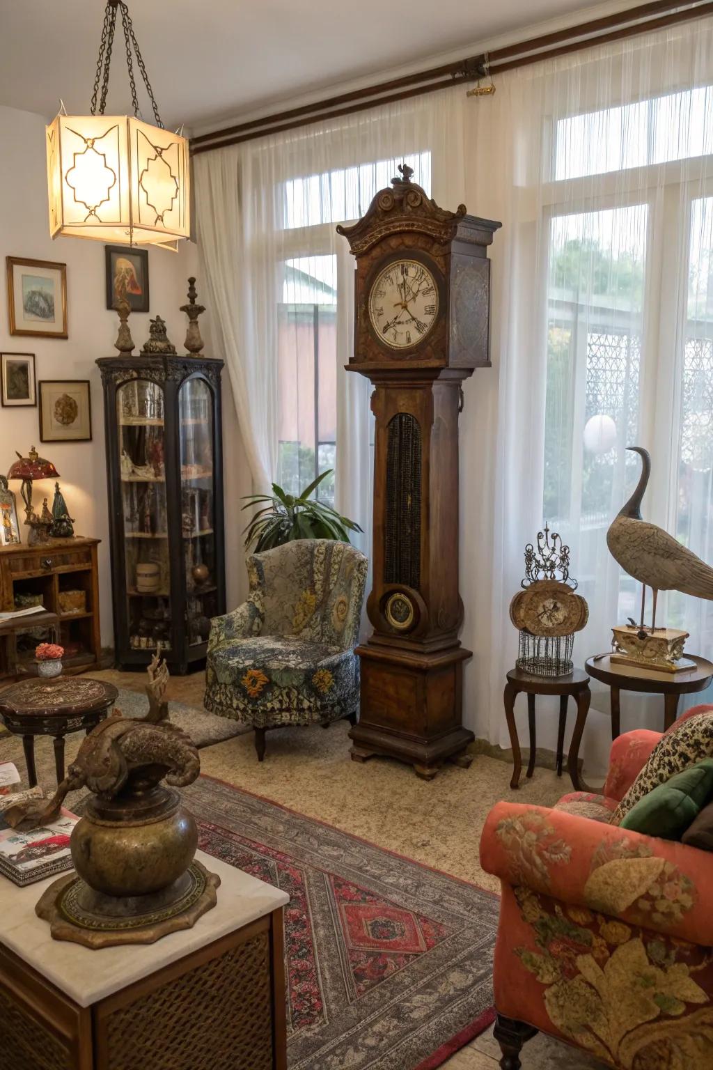 An eclectic setup with a pendulum timepiece adds character to any room.