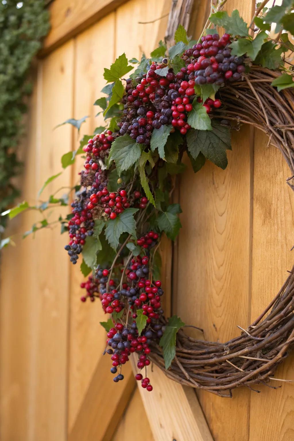 A grapevine wreath with colorful fruit decorations.