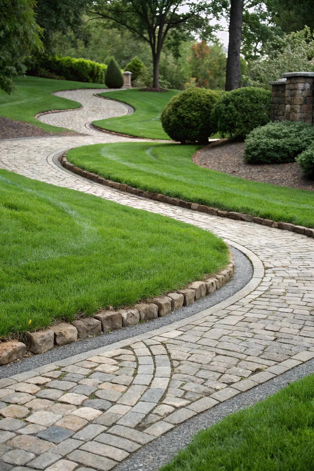 Curved walkways of grass add a whimsical element to the driveway.