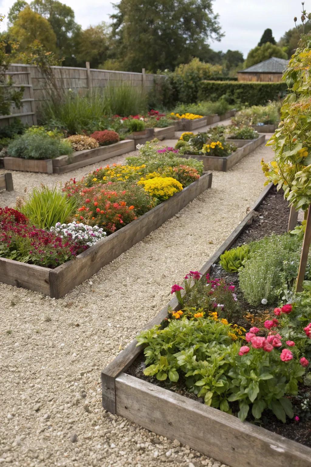 Elevated flower beds filled with stones and lively plants