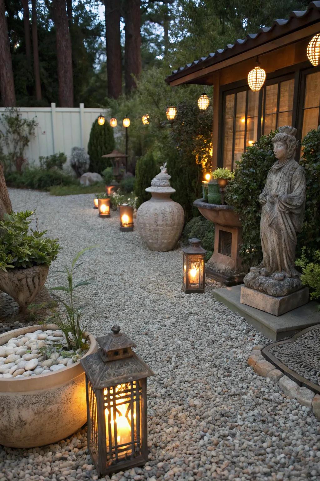 A gravel patio enhanced with intriguing decorative elements and lighting.