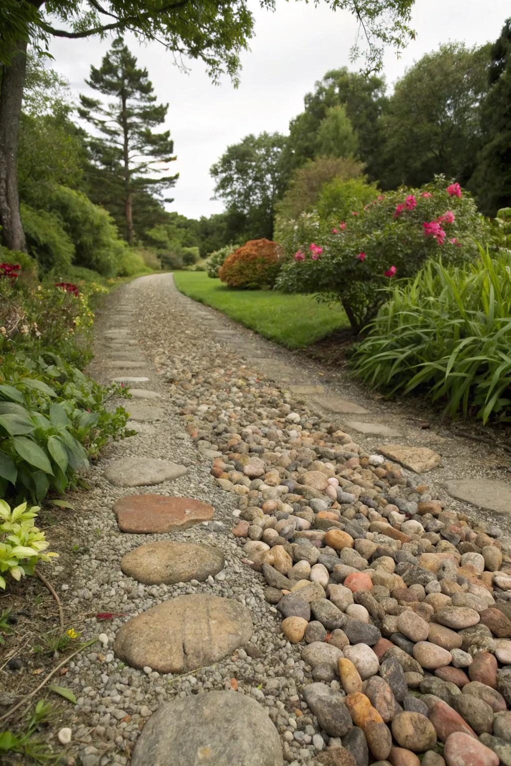 A rustic stone chip trail featuring varied textures and hues