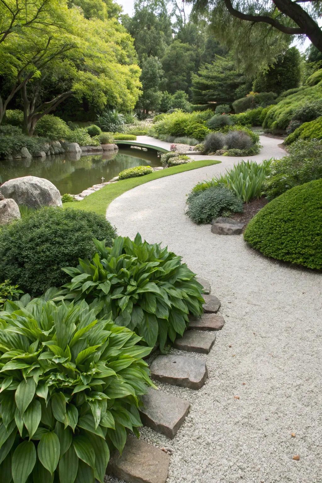A bright garden bed with green plants growing well in pebbles.