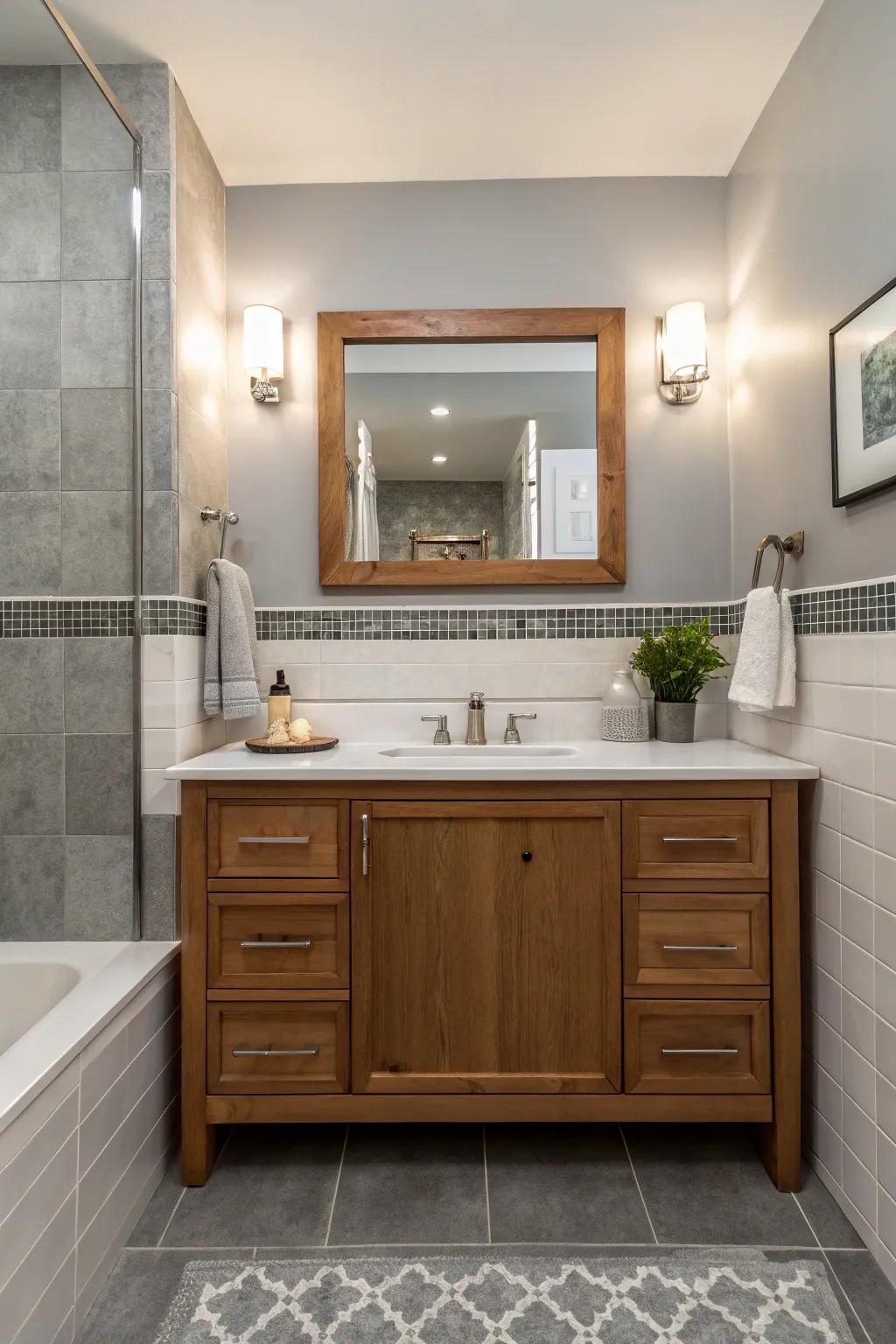 Wood elements contribute to the welcoming feel of this gray and white bathroom.