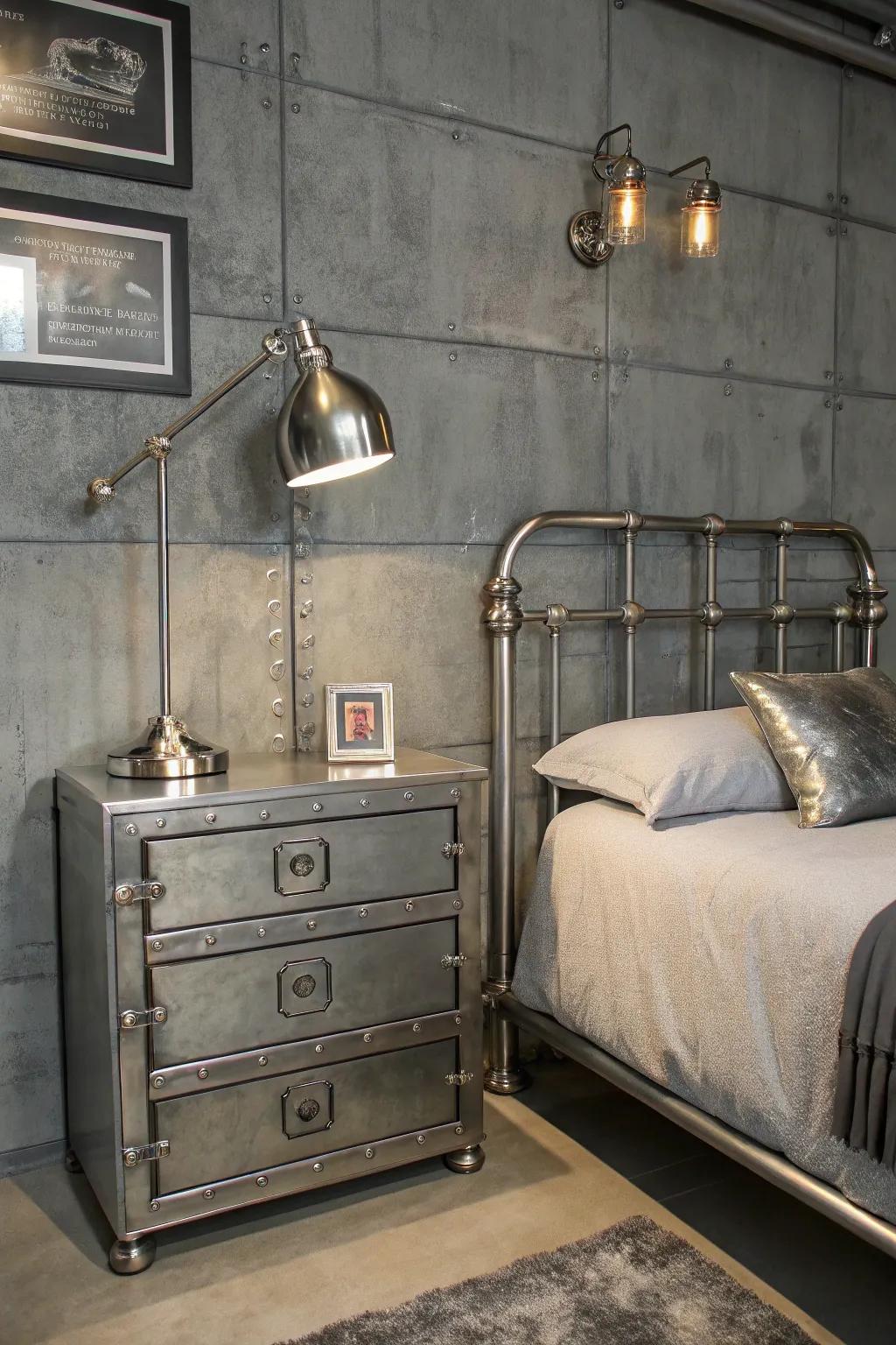 An urban gray bedroom featuring polished metal effects.